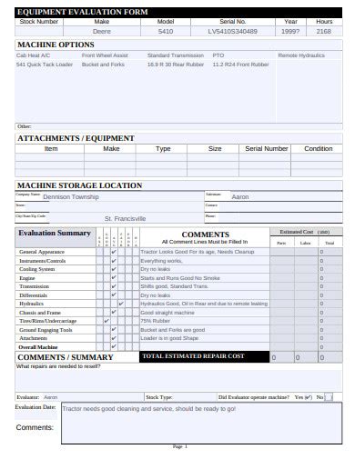 heavy equipment evaluation form